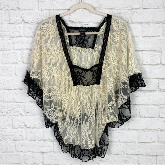 Daytrip Tops - Daytrip Boho Sheer Lace Batwing Dramatic Blouse S